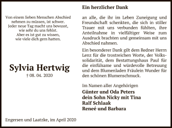 Traueranzeige von Sylvia Hertwig von UEL