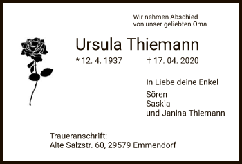 Traueranzeige von Ursula Thiemann von UEL