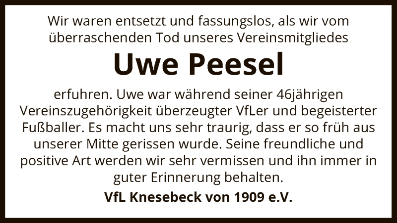  Traueranzeige für Uwe Peesel vom 25.04.2020 aus UEL