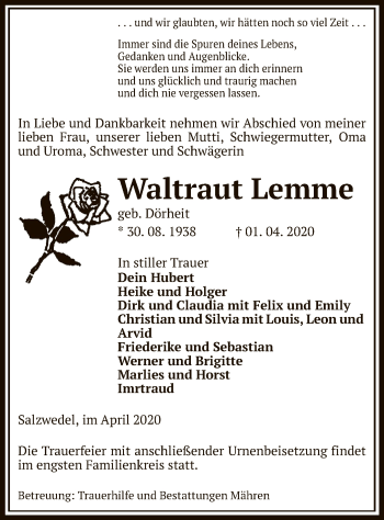 Traueranzeige von Waltraut Lemme von Uelzen