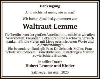 Traueranzeige von Waltraut Lemme von UEL
