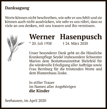Traueranzeige von Werner Hasenpusch von Uelzen