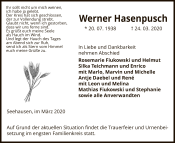 Traueranzeige von Werner Hasenpusch von Uelzen