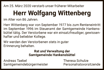 Traueranzeige von Wolfgang Wittenberg von Uelzen