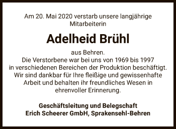 Traueranzeige von Adelheid Brühl von UEL