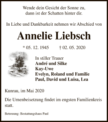 Traueranzeige von Annelie Liebsch von UEL