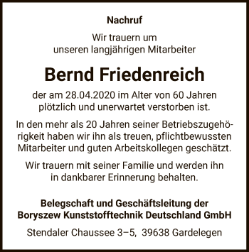 Traueranzeige von Bernd Friedenreich von UEL