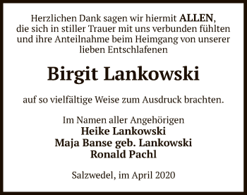 Traueranzeige von Birgit Lankowski von UEL