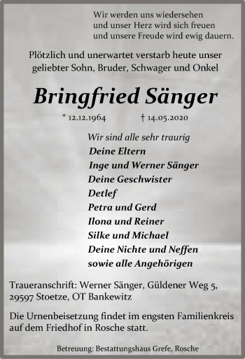 Traueranzeige von Bringfried Sänger von UEL