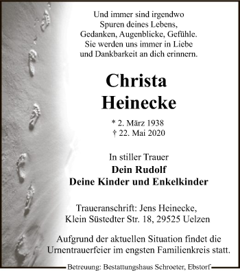 Traueranzeige von Christa Heinecke von UEL