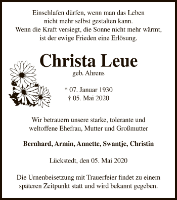 Traueranzeige von Christa Leue von UEL