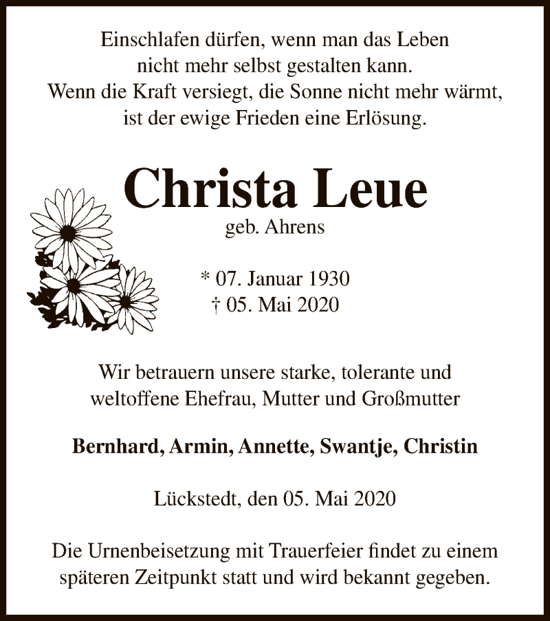  Traueranzeige für Christa Leue vom 07.05.2020 aus UEL