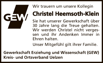 Traueranzeige von Christel Heemsoth-Klein von UEL