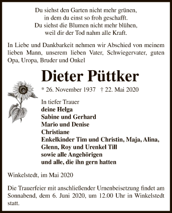 Traueranzeige von Dieter Püttker von UEL