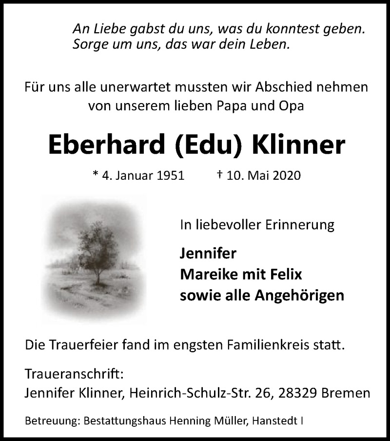  Traueranzeige für Eberhard Klinner vom 30.05.2020 aus UEL