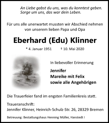 Traueranzeige von Eberhard Klinner von UEL