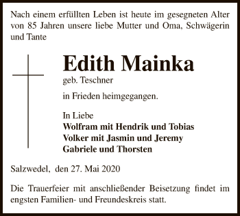 Traueranzeige von Edith Mainka von UEL