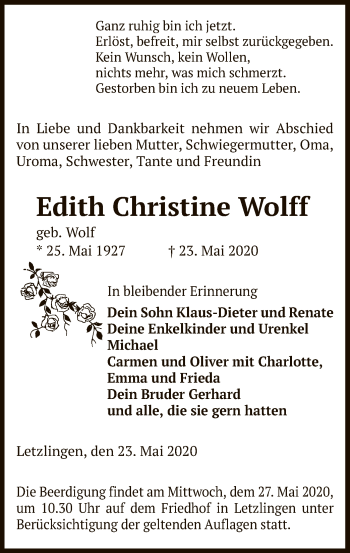 Traueranzeige von Edith Christine Wolff von UEL