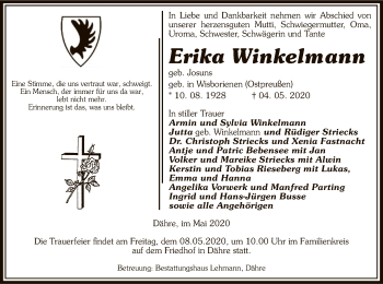 Traueranzeige von Erika Winkelmann von UEL