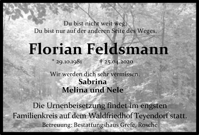  Traueranzeige für Florian Feldsmann vom 05.05.2020 aus UEL