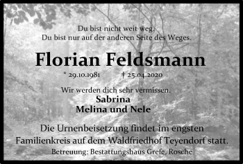 Traueranzeige von Florian Feldsmann von UEL