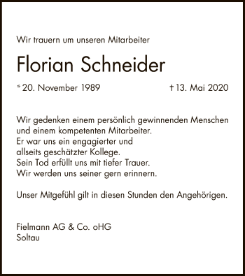 Traueranzeige von Florian Schneider von UEL