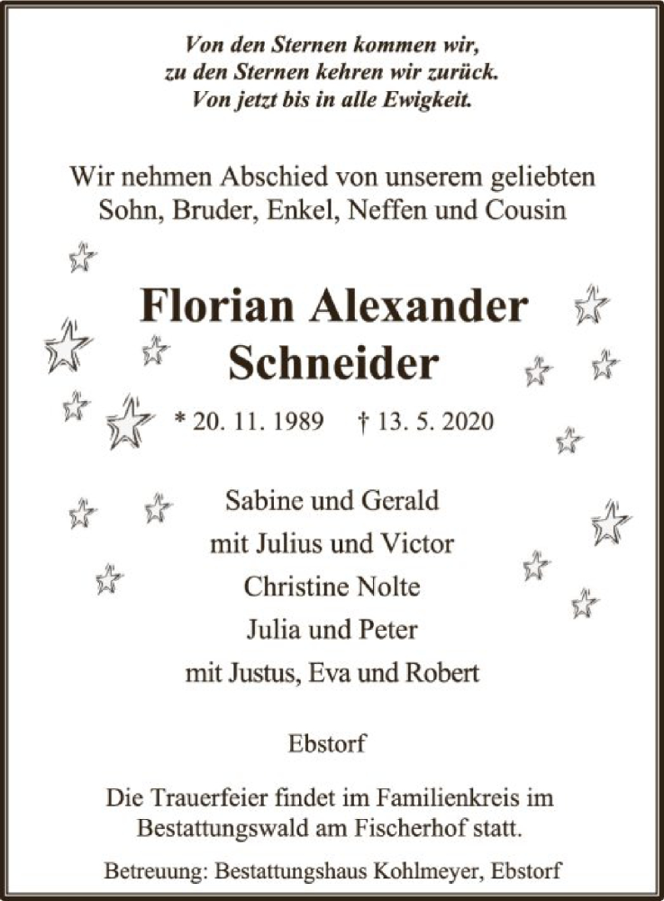  Traueranzeige für Florian Alexander Schneider vom 26.05.2020 aus UEL