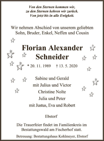 Traueranzeige von Florian Alexander Schneider von UEL