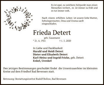 Traueranzeige von Frieda Detert von UEL