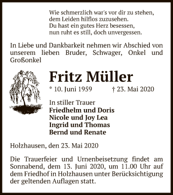 Traueranzeige von Fritz Müller von UEL