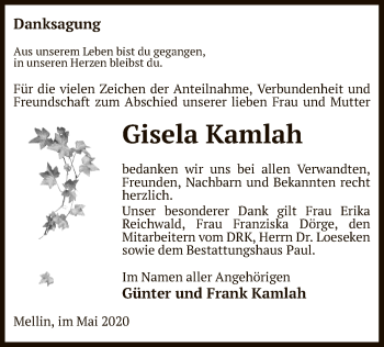 Traueranzeige von Gisela Kamlah von UEL