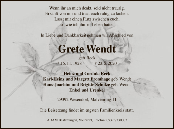 Traueranzeige von Grete Wendt von UEL