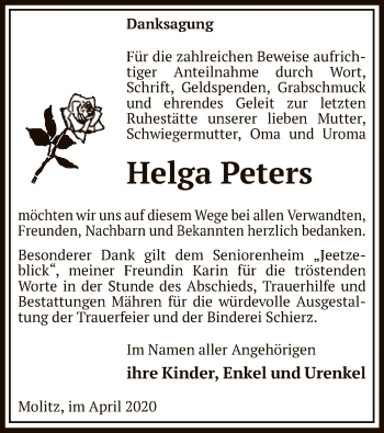 Traueranzeige von Helga Peters von UEL