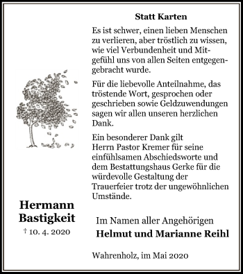 Traueranzeige von Hermann Bastigkeit von UEL