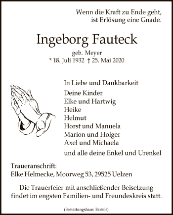 Traueranzeige von Ingeborg Fauteck von UEL