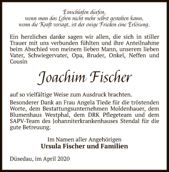 Traueranzeige von Joachim  Fischer von UEL