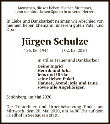 Traueranzeige von Jürgen Schulze von UEL