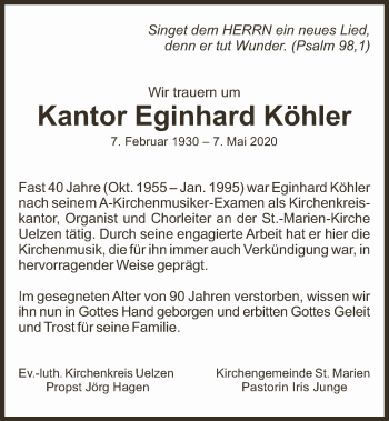 Traueranzeige von Kantor Eginhard Köhler von UEL