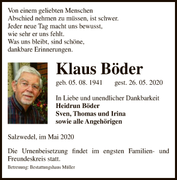 Traueranzeige von Klaus Böder von UEL
