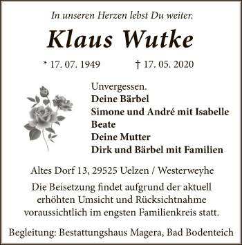 Traueranzeige von Klaus Wutke von UEL