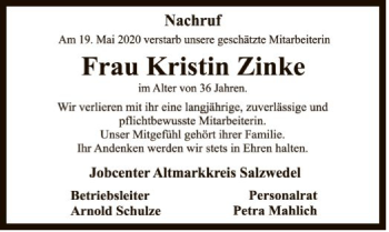 Traueranzeige von Kristin Zinke von UEL