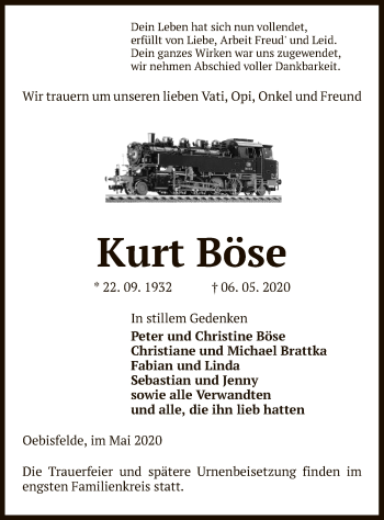 Traueranzeige von Kurt Böse von UEL