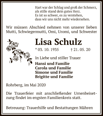 Traueranzeige von Lisa Schulz von UEL