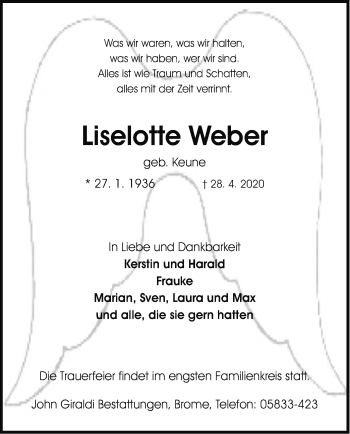 Traueranzeige von Liselotte Weber von UEL