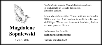 Traueranzeige von Magdalene Sopniewski von UEL