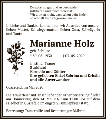 Traueranzeige von Marianne Holz von UEL