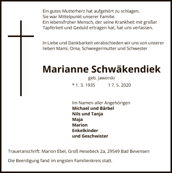Traueranzeige von Marianne Schwäkendiek von UEL