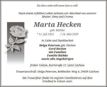 Traueranzeige von Marta Hecken von UEL