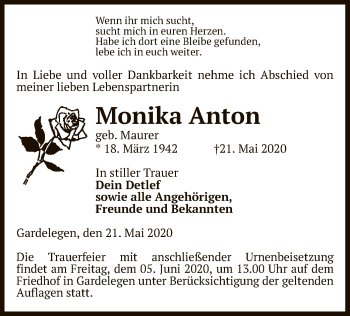 Traueranzeige von Monika Anton von UEL