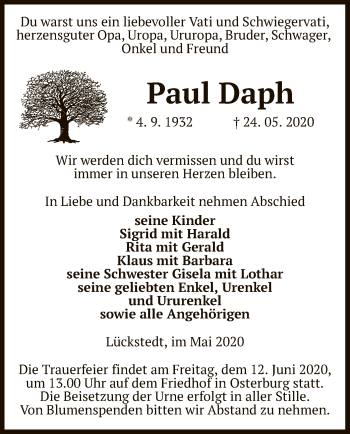 Traueranzeige von Paul Daph von UEL